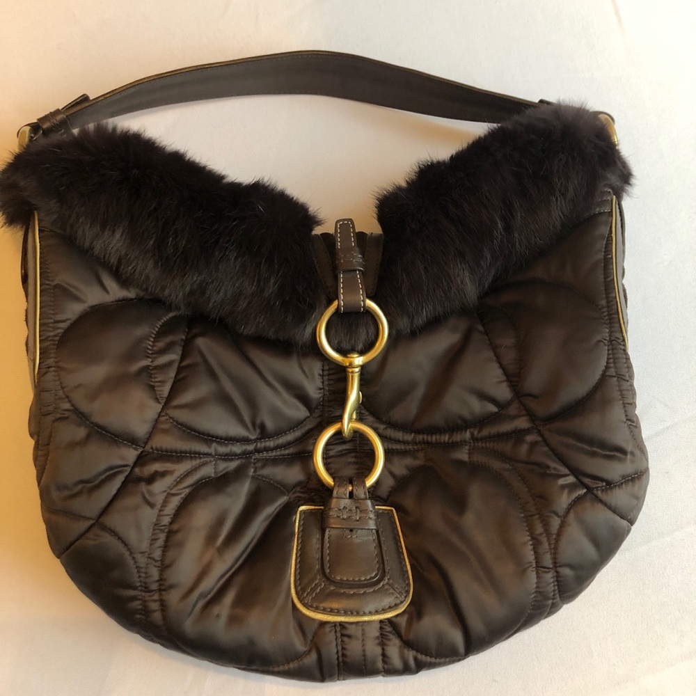 Coach Brown Rabbit Fur Suede Nylon Handbag